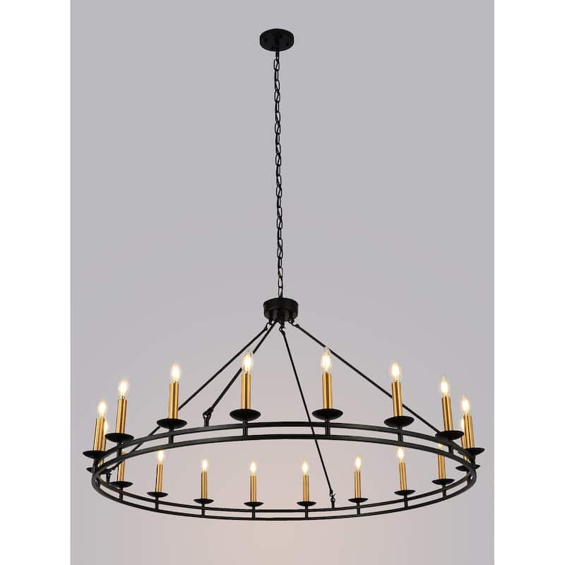 48" Black 18-Light Wagon Wheel Gold Candle Style Single Tier Chandelier