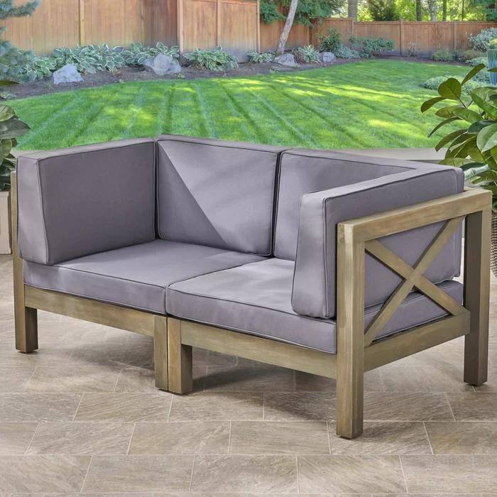 Roomfitters Outdoor X-Back Loveseat with Acacia Wood Frame and Weather-Resistant Cushions