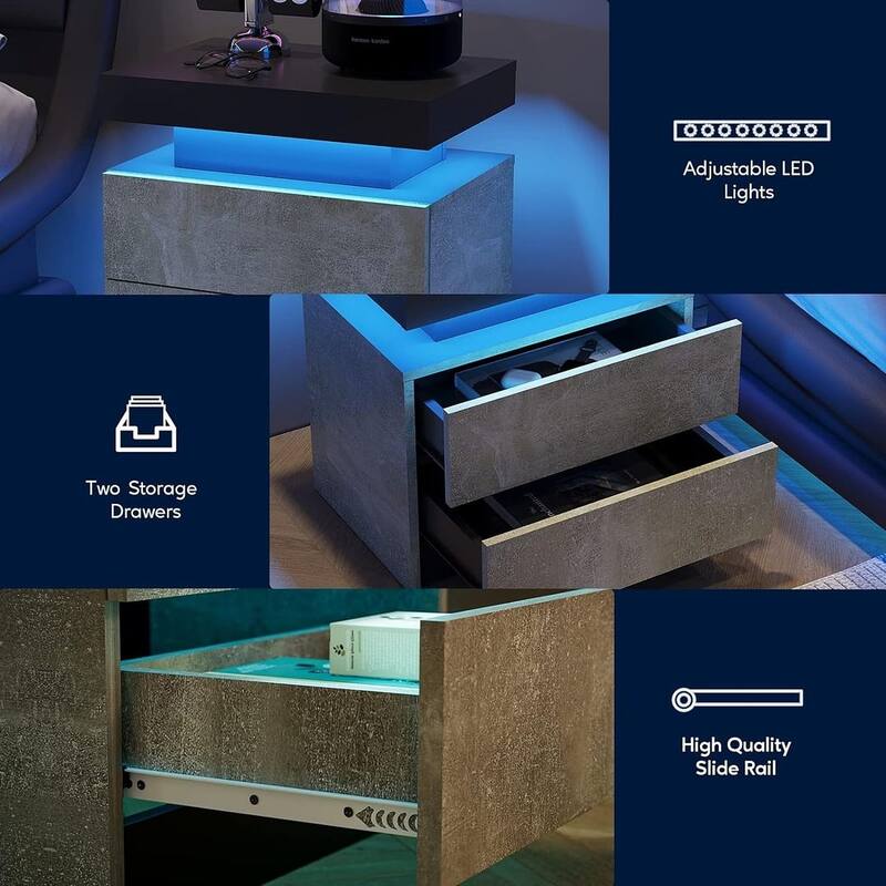 19.3" Modern 2 Drawers LED Nightstand with Adjustable Lights