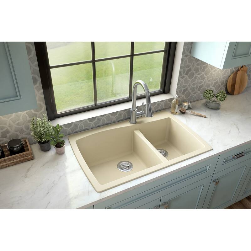 Karran Drop-In Quartz 34 in. Double Bowl 60/40 Kitchen Sink With Bottom Grids and Strainers