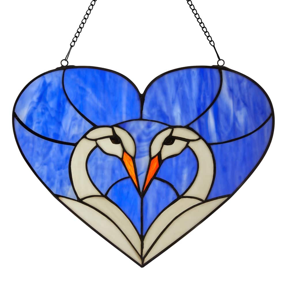 Loving Swans Blue, White and Red River of Goods Stained Glass Window Panel - 15.5" x 0.25" x 12"