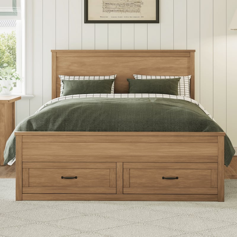 Modern Storage Bed Wood Bed Frame Queen Size Platform Bed with 6 Pull-out Storage Drawers and Panel Headboard Wood Slats Support