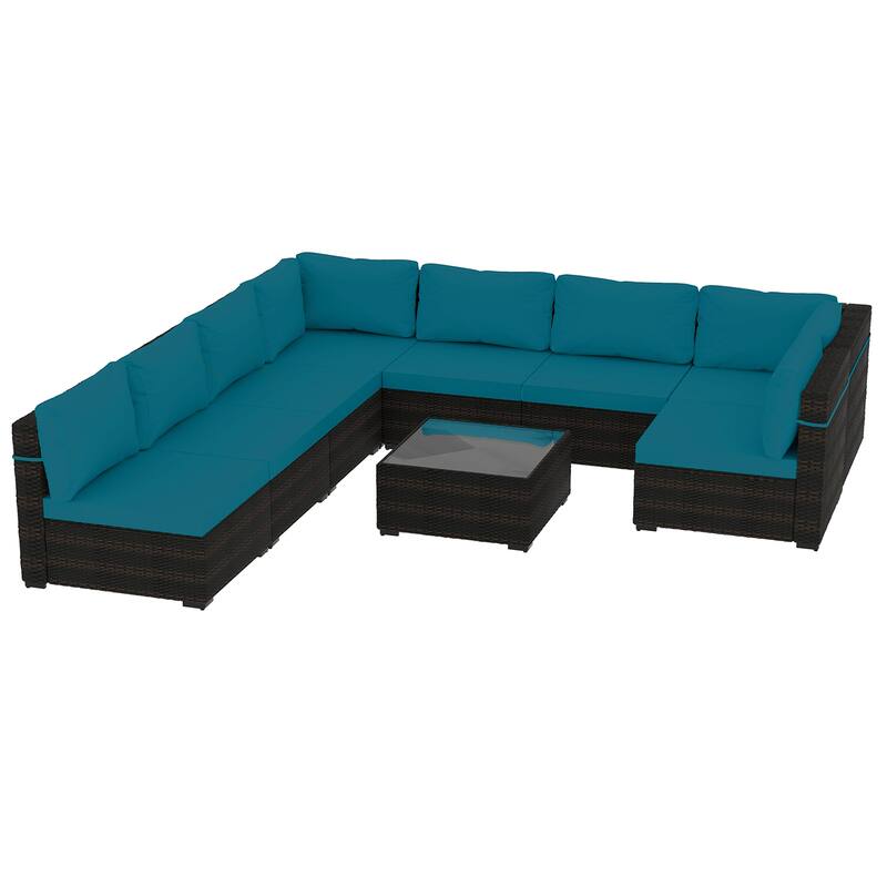 Patio Watcher Outdoor 8 Seater Rattan Sectional Set with Cusions and Coffe Table