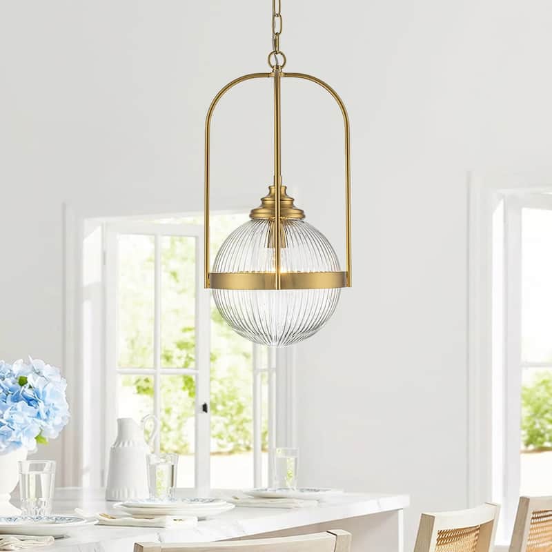 Mid-century 1-Light Geometric Ribbed Glass Kitchen Island Pendant - 10.6 in