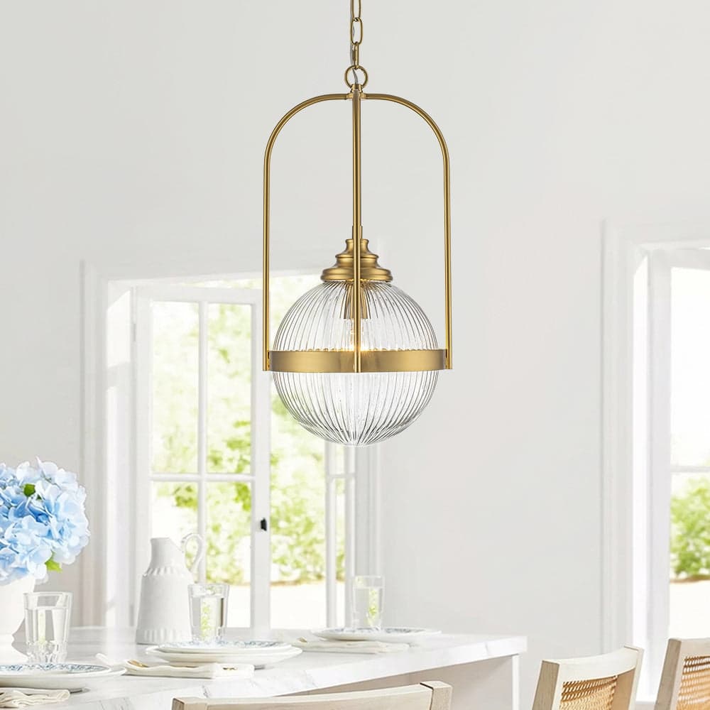 Mid-century 1-Light Geometric Ribbed Glass Kitchen Island Pendant - 10.6 in