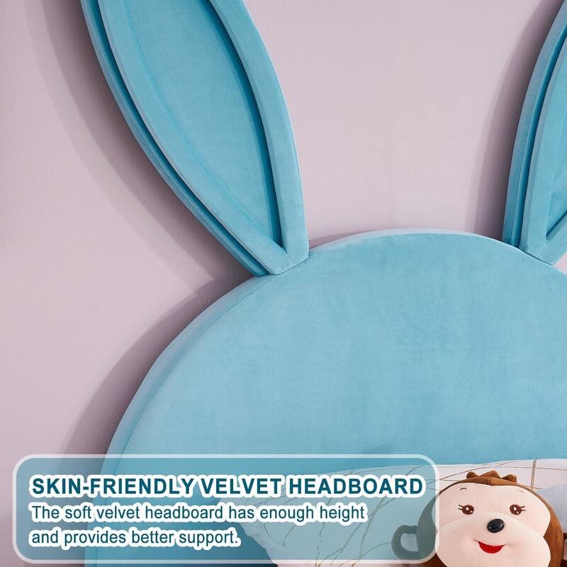 Javlergo Twin Size Kids Bed Frame with Cute Ears Velvet Headboar No Box Spring Required Bed Children's Bed