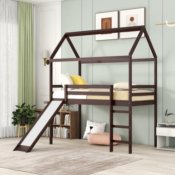 slide 2 of 7, Twin Size Loft Bed,House Bed with Slide and Many Supporting Slats,No box spring required Espresso