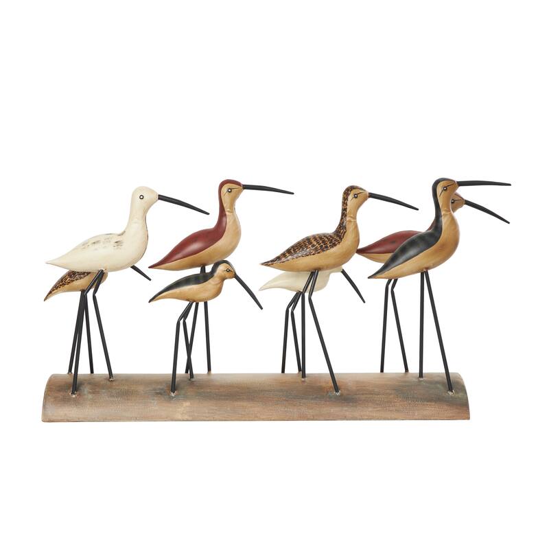 Brown Wood Bird Decorative Sculpture with Red Accents and Log Base