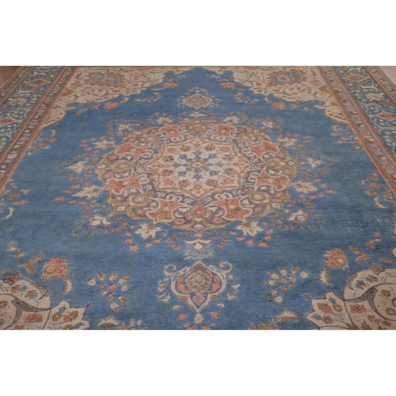 Tabriz Vintage Persian Area Rug Handmade Oriental Blue Wool Carpet - 9'8" x 12'5"