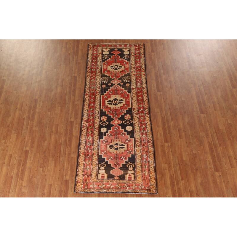 Geometric Ardebil Persian Vintage Runner Rug Handmade Wool Carpet - 3'10"x 10'0"
