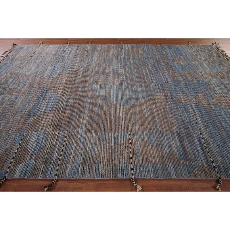 Blue Striped Moroccan Abstract Area Rug Hand-Knotted Wool Carpet - 8'0"x 12'7"