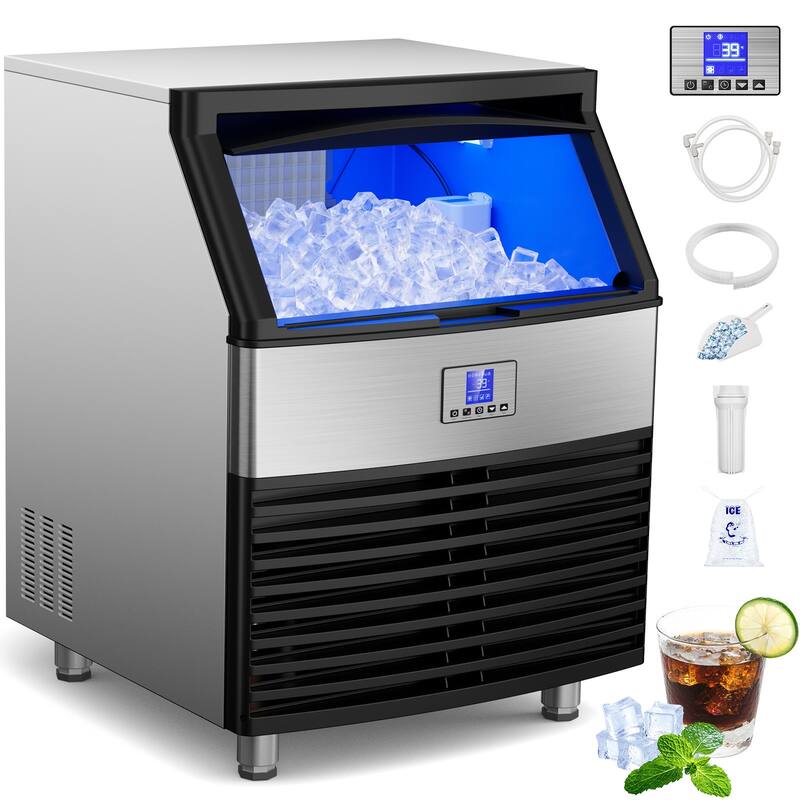 Ice Maker Commercial Ice Machine Stainless Steel Commercial Ice Maker Large Capacity Self-Cleaning - 450LBS/24H