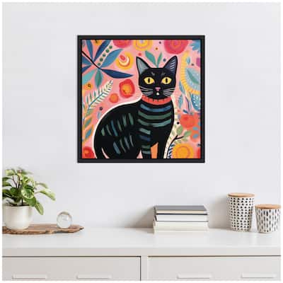 Kate and Laurel Sylvie Black Cat Botantical Pink Framed Canvas by The Creative Bunch Studio