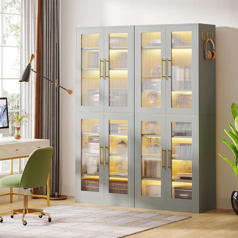 8-tier Modern Tall Bookcase Bookshelf with Doors and LED Light - Grey