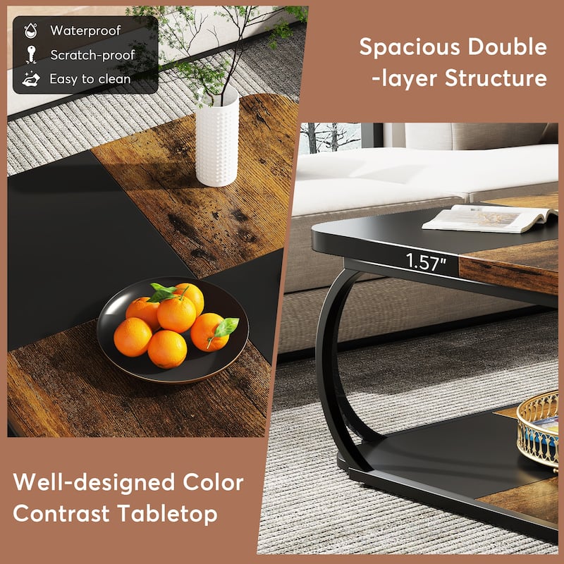 39 Inche 2-Tier Square Coffee Table with Metal Frame for Living Room