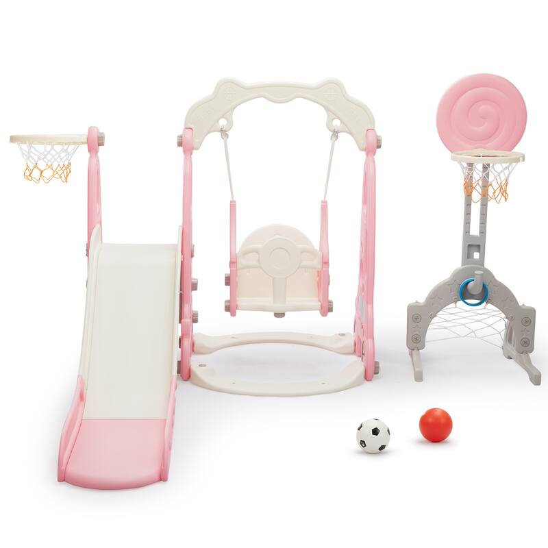5-in-1 Kids Slide with Swing, Basketball Hoop and Toss Ring