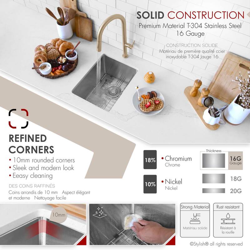 Stylish Undermount 16" Single-Bowl Stainless Steel Bar Sink S-309XG - 16" x 18" x 10"