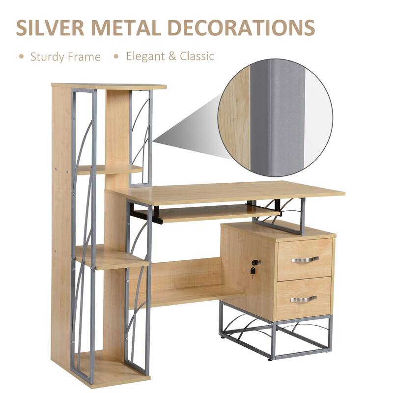 Modern Computer Desk with 4-Tier Bookshelf