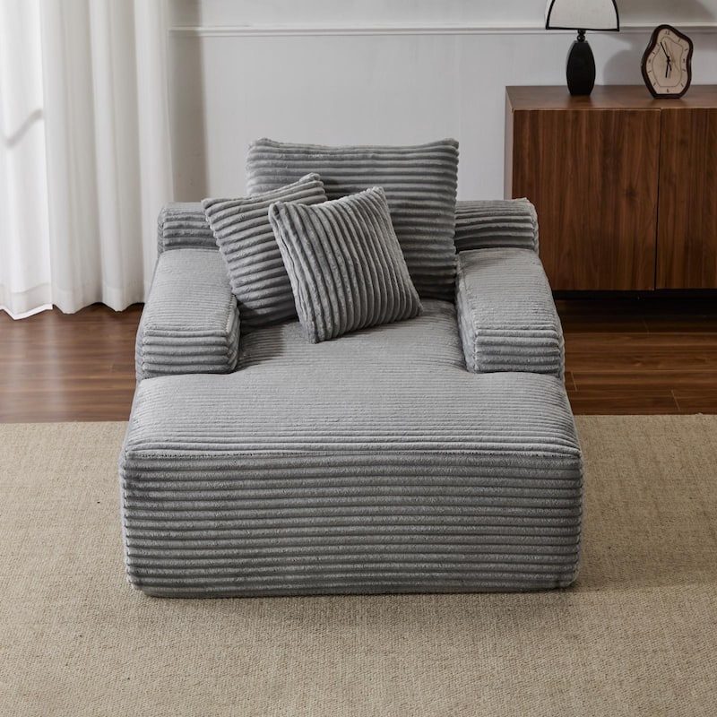 Oversized Corduroy Chaise Lounge Sleeper Sofa with 3 Pillows Wide Armrest No Assembly Grey