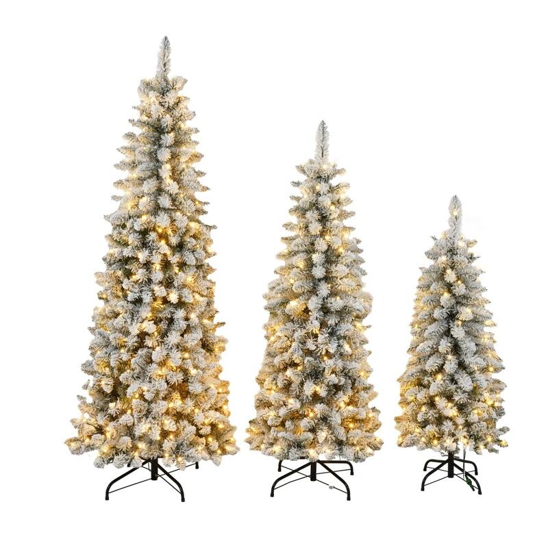 4/5/6FT Flocked Artificial Hinged Christmas Tree Set of 3 with LED Lights