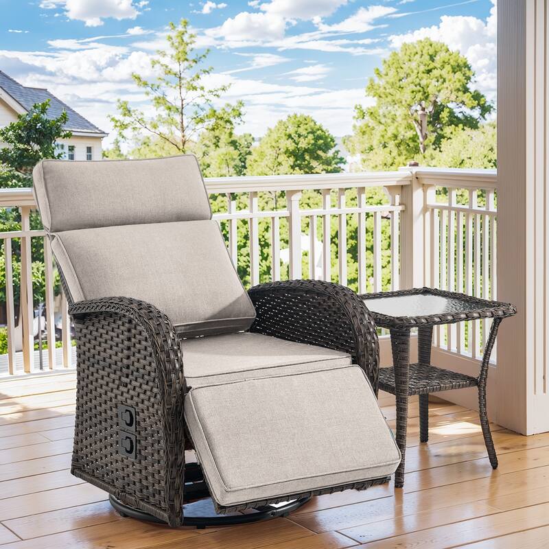 Pocassy Swivel Reclining Chair Lounge Chair with Adjustable Backrest - Beige Cushion - Browm Wicker - 1-Piece Recliner Swivel Chair with Side Table