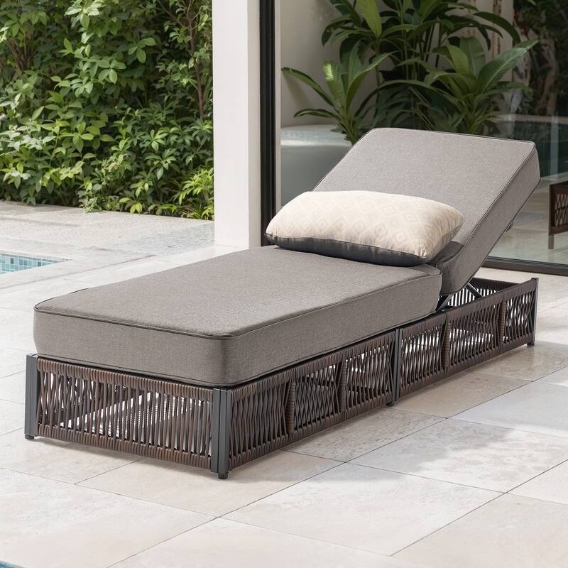 Pocassy Outdoor Lounge Chairs, Pool Lounge Chairs with Adjustable Backrest - 1-Piece Brown Wicker Gray Cushion