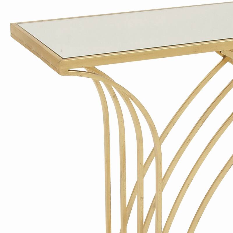 Gold Metal Geometric Console Table with Mirrored Glass Top