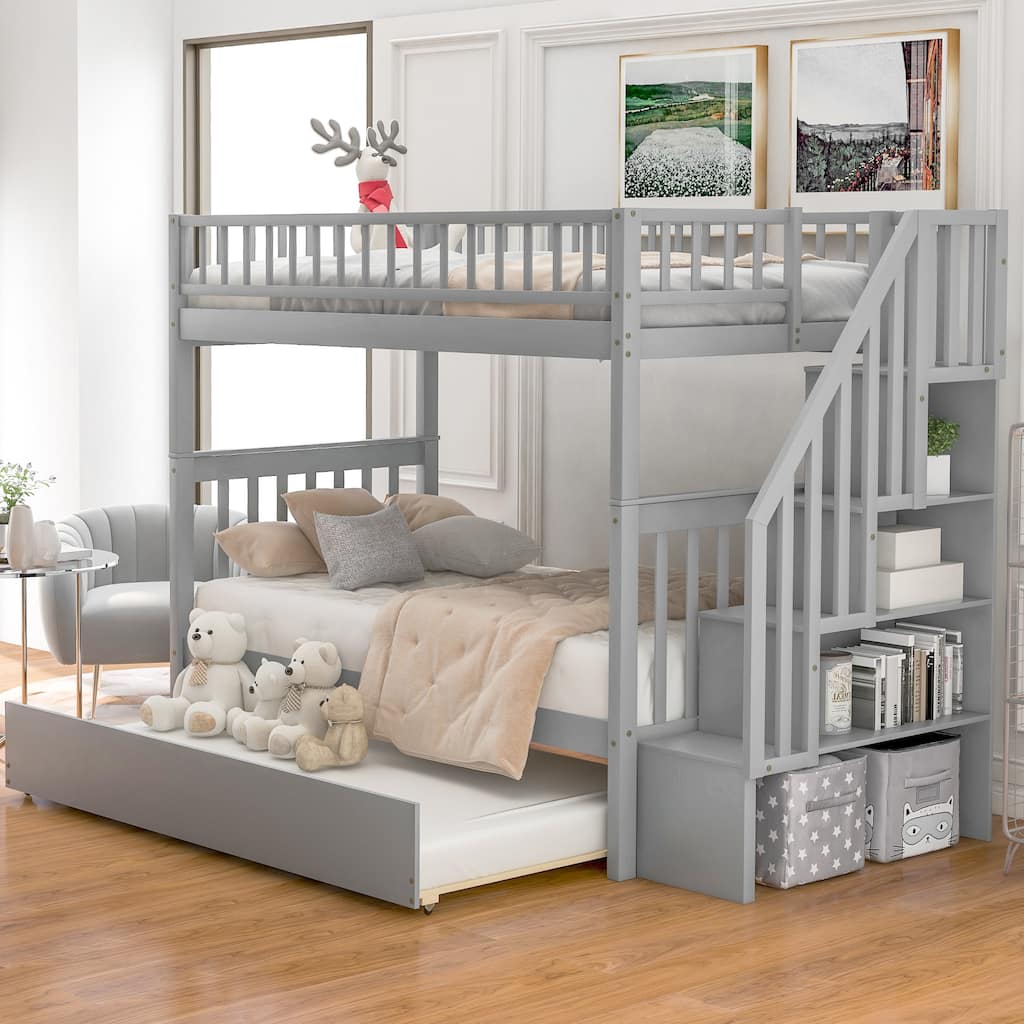 Twin Over Twin Bunk Bed with Trundle and Storage, Gray
