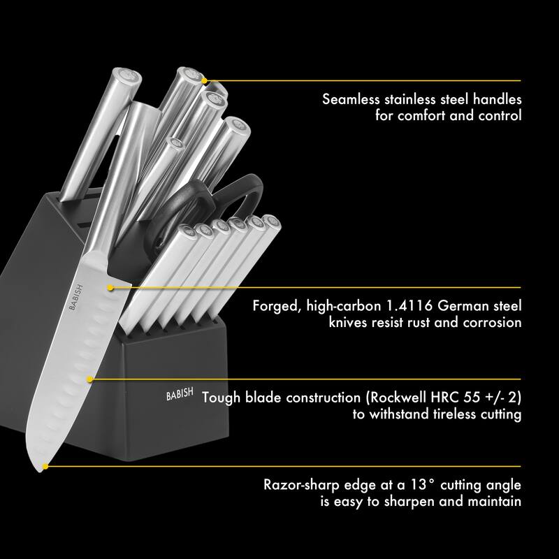 Babish High-Carbon 1.4116 German Steel 15 Piece Full Tang Forged Cutlery Block Set - Black