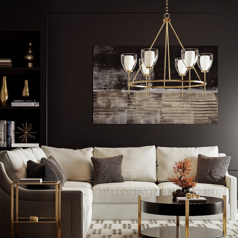 35" W x 31" H 6-Light Ring Chandelier in Aged Brass with Layered White and Clear Glass - 34.5"W x 31"H