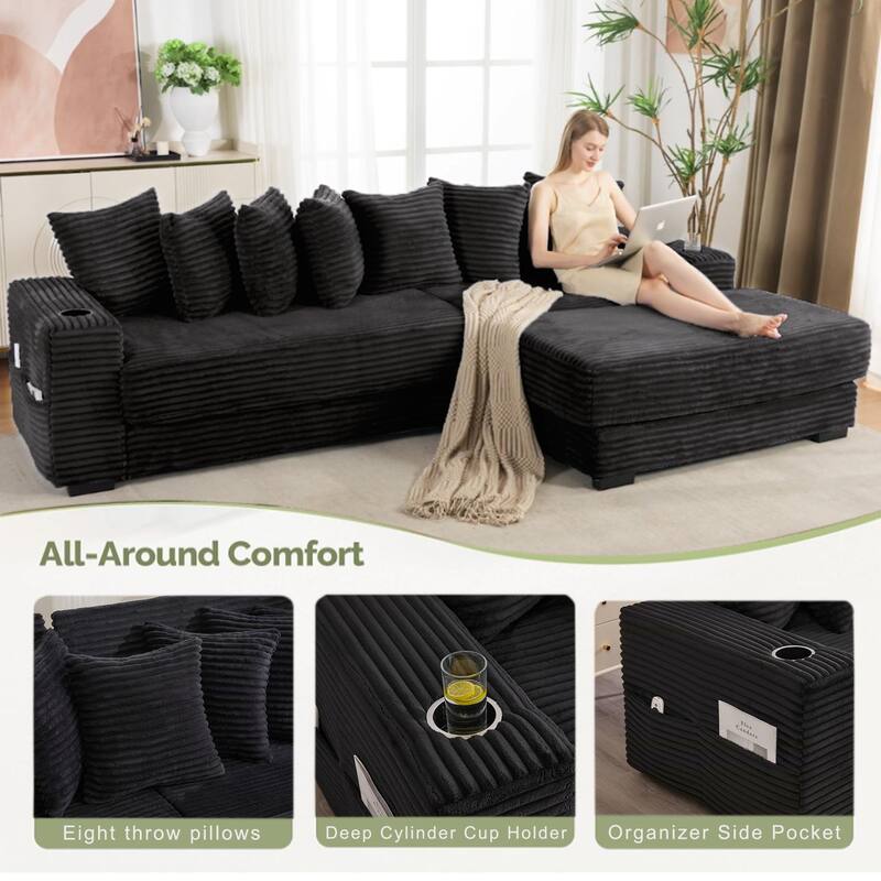 110.75" Corduroy Sectional Sofa, Convertible Sleeper Sofa Bed L-Shaped Upholstered Couch with Removable Footstool, Cup Holder