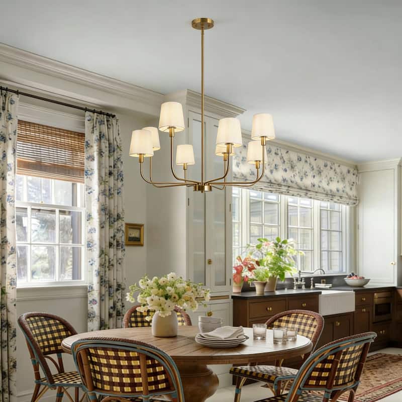 Mid-Century Modern Gold 6-Light French Chandelier Fabric Pendant Lights for Dining Room