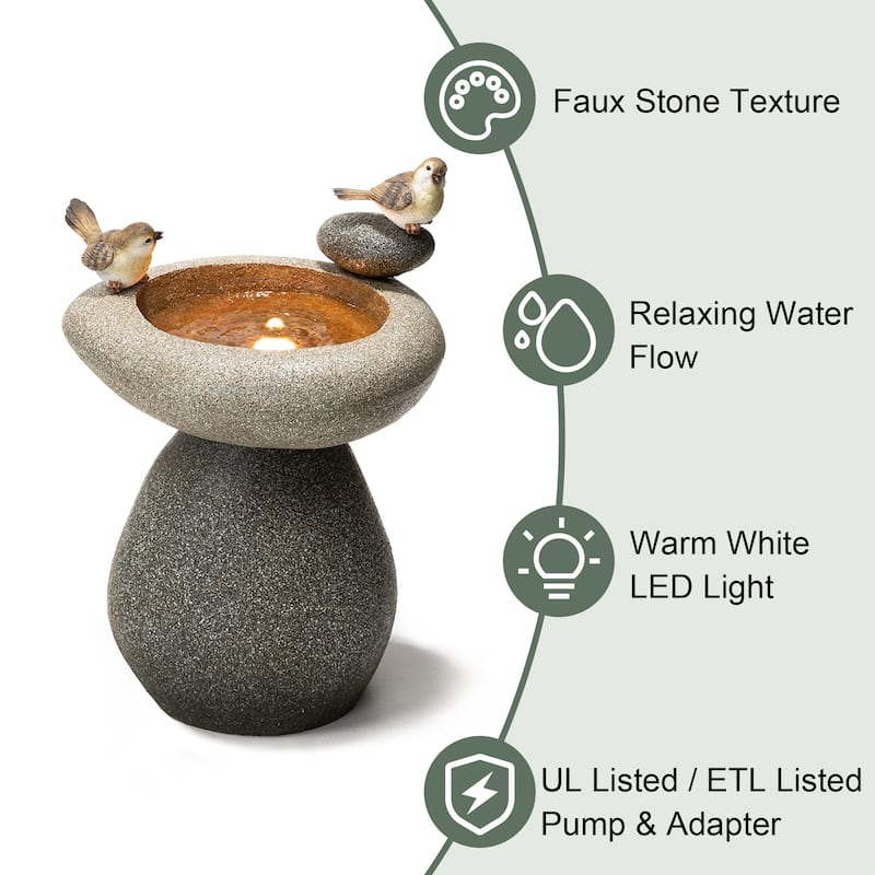 Glitzhome 24-inch Outdoor 2-tier Faux Pebbles Polyresin Birdbath Fountain with Pump