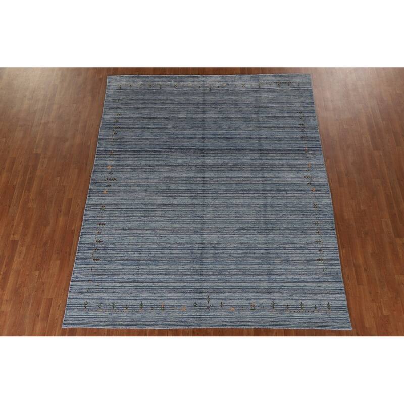 Striped Gabbeh Oriental Area Rug Handmade Blue Wool Carpet - 7'10"x 9'7"