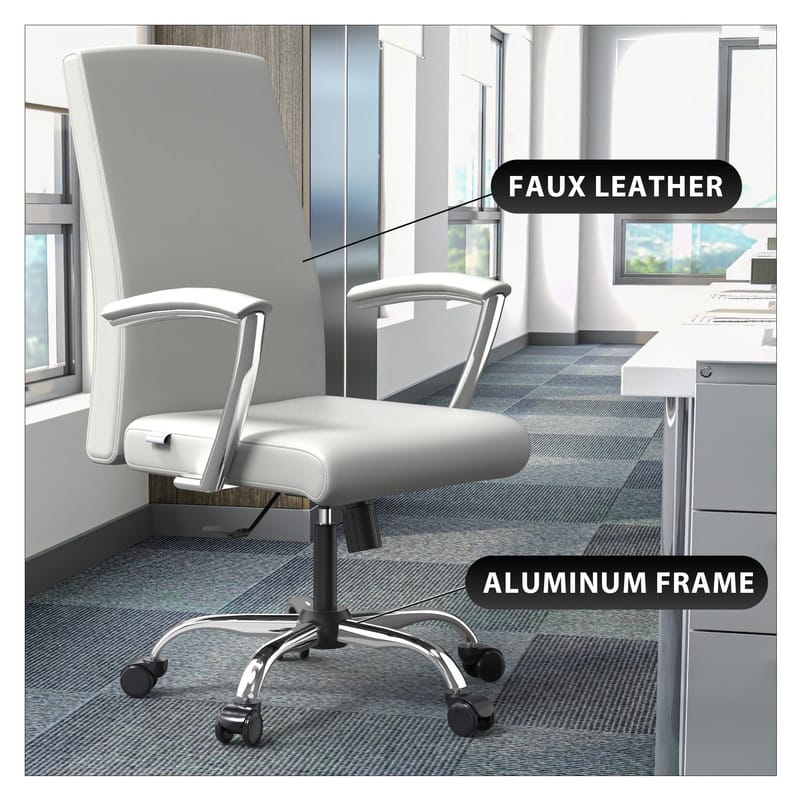 LeisureMod Evander Modern Swivel Office Chair in Faux Leather with Silver Frame