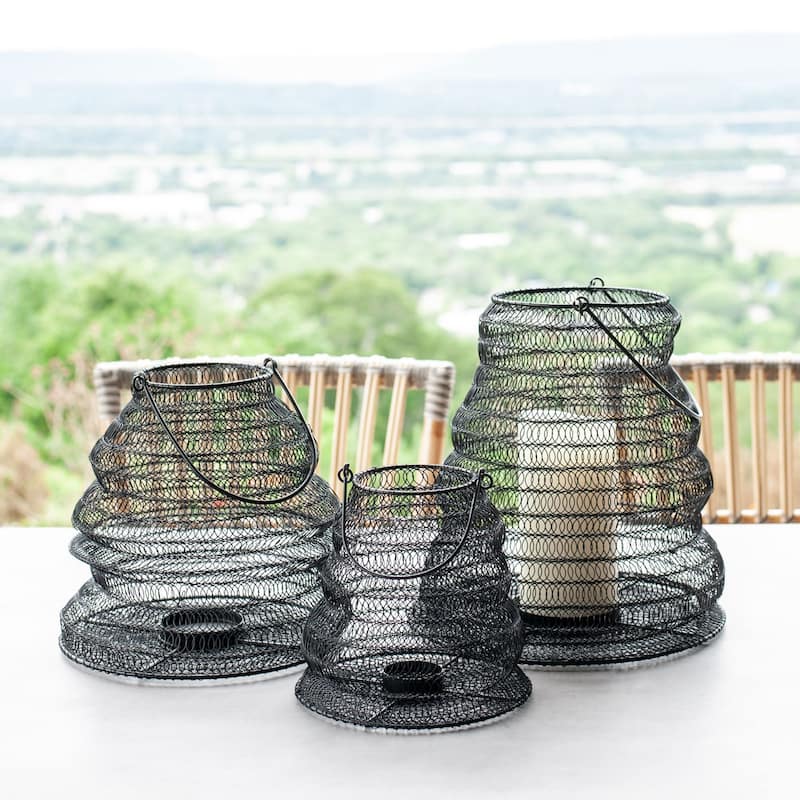 Black Iron Metal Ringed Mesh Hanging Lantern by East at Main