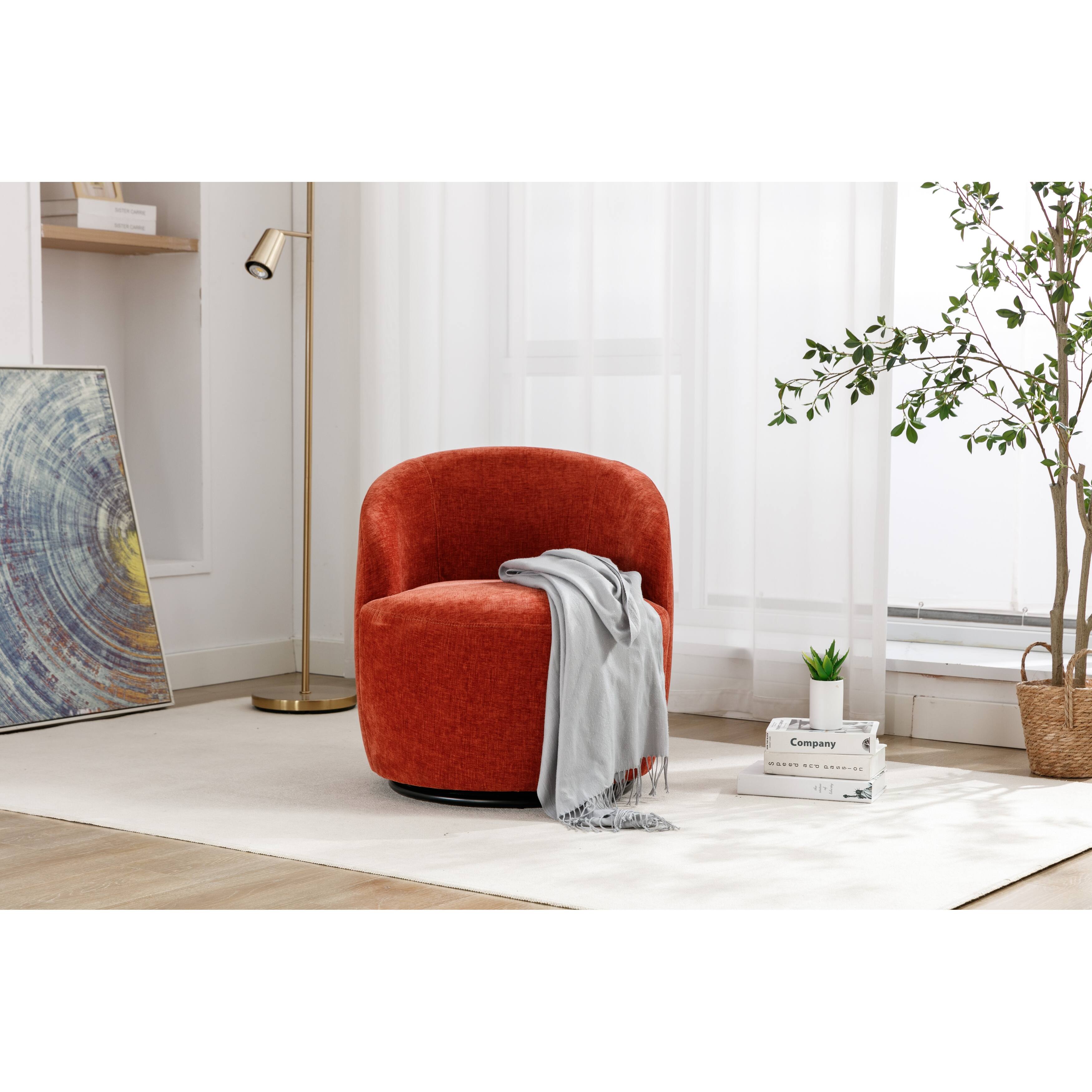 Chenille Fabric Swivel Accent Armchair Barrel Chair With Black Powder