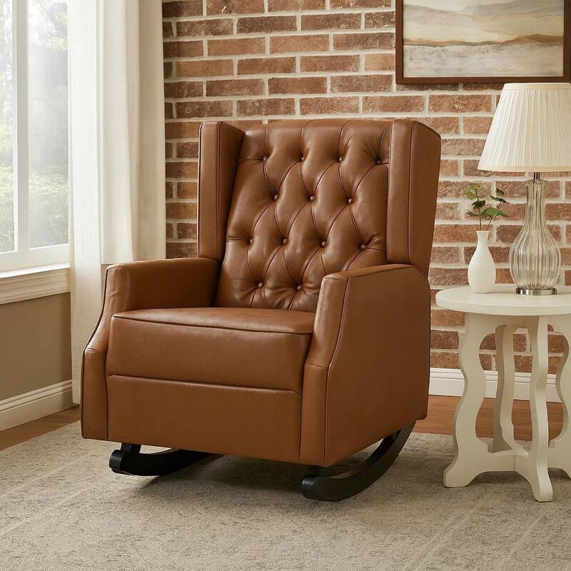 Zyna Rocking Chair, Gentle Motion, Brown Waffle Stitch Faux Leather