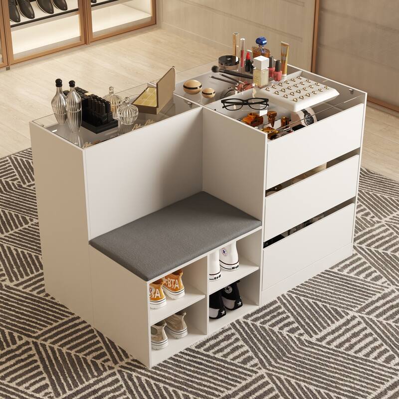 Makeup Organizer Glass Top and Cushion for Jewelry, Shoe Storage Bench