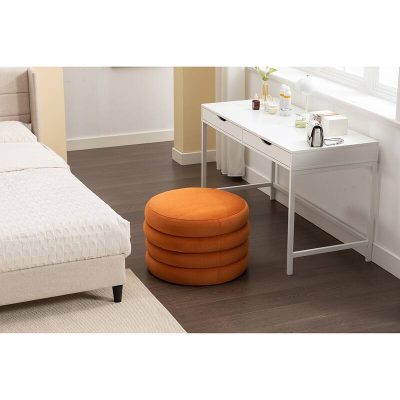 Velvet Round Ottoman with Storage, Footstool with Wooden Shelving, Multifunctional Round Vanity Stool for Makeup