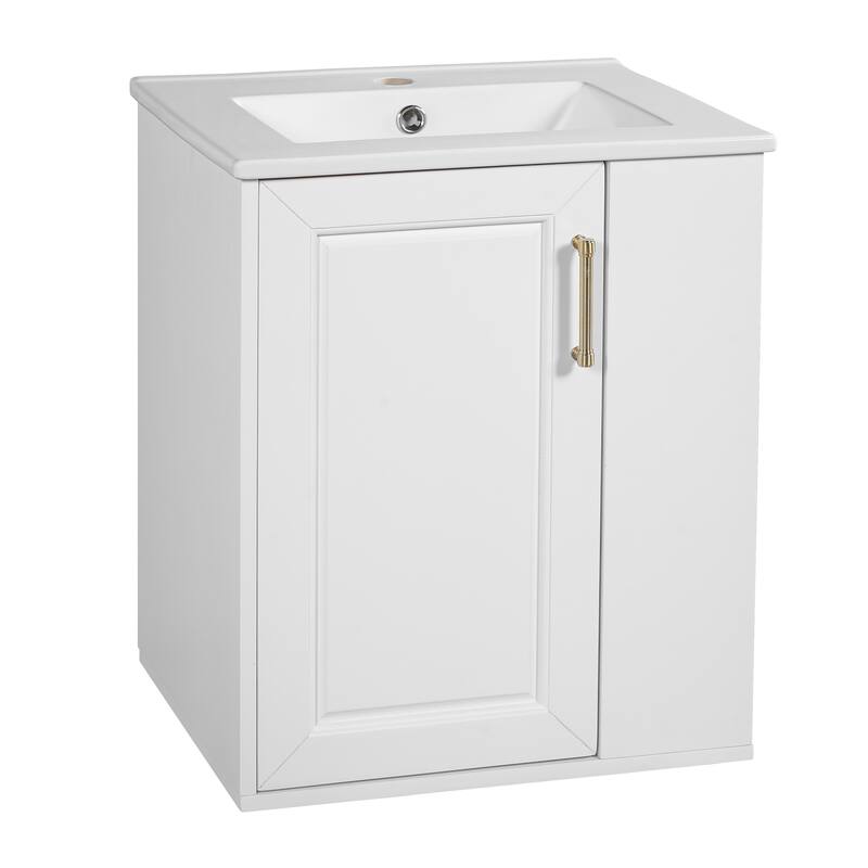 Wall Mounted Bathroom Vanity with Ceramic Sink, 20" Small Floating Bathroom Cabinet with Side Cabinet, White - 20 Inch