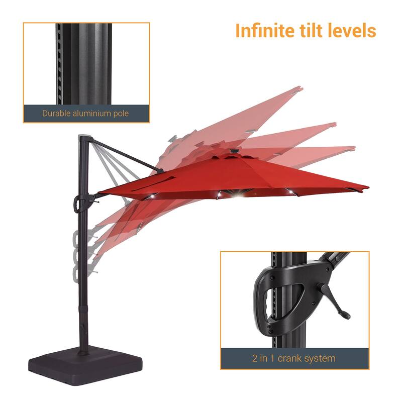 LIVOOSUN 11Ft LED Patio Hanging Octagon Cantilever Umbrella with 360-degree Rotating Canopy