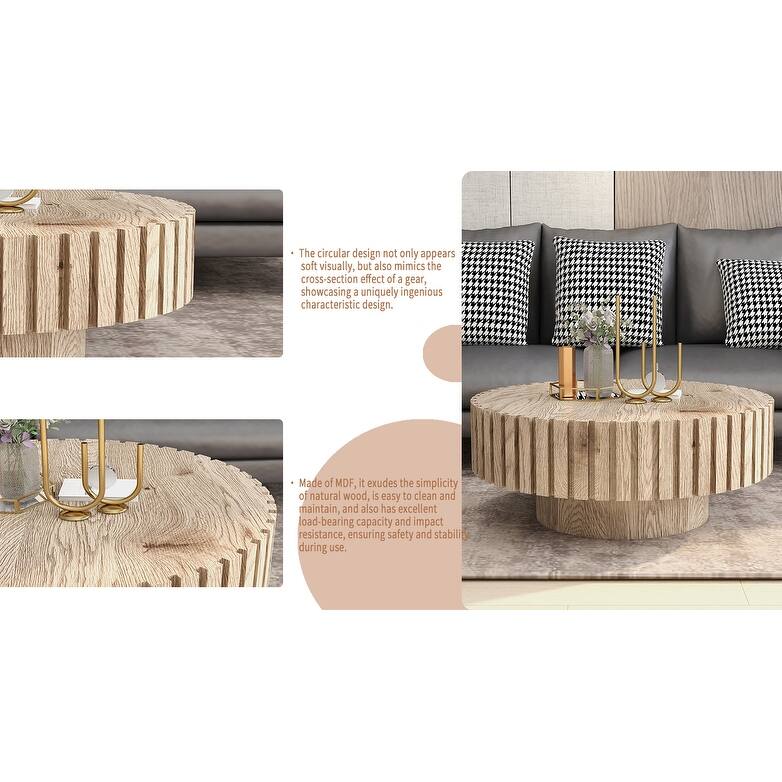 GDFStudio - Norwyn Minimalist Aesthetics Round Coffee Table with Sturdy Base and Handcrafted Relief Carving - 31.5"W