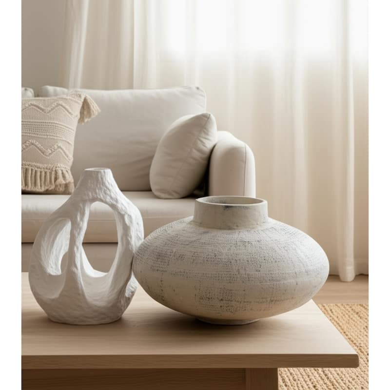 Pottery Decorative Vases Handcrafted Organic (Set of 2) - 8" Ivory