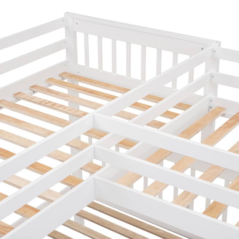 Roomfitters Twin-Twin Over Full L-Shaped Bunk Bed with Desk, Wardrobe and Storage Drawers, Multi-Bed Design