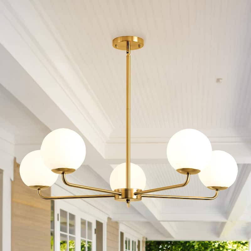 5-Lights Globe Mid Century Chandelier Modern Sputnik Pendant Light Fixture with Brushed Brass Finished