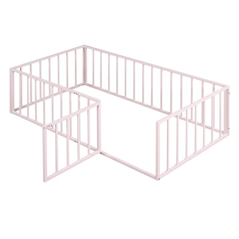 Twin/Full/Queen Size Floor Bed for Kids, Montessori Beds with Rails and Door, Metal Playhouse Bed Frame w/ Fence for Boys Girls