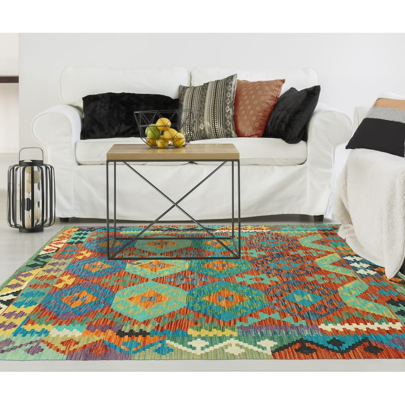 Flatweave Pouran Red/Turquoise Rug - 5'0" x 6'7"