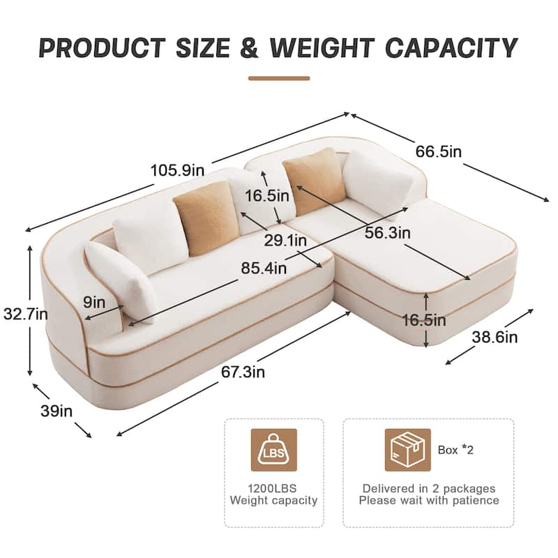 Roomfitters No Assembly Modular Sofa, 106 Inch Teddy Fabric Floor Couch with Chaise, White