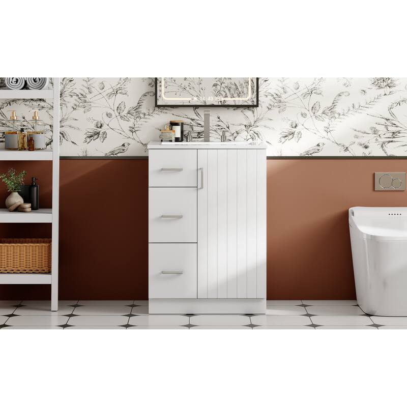 GDFStudio - Elmbrook Modern Bathroom Vanity with Ceramic Sink and 2 Storage Drawers & Soft-Closing Door - 24'W